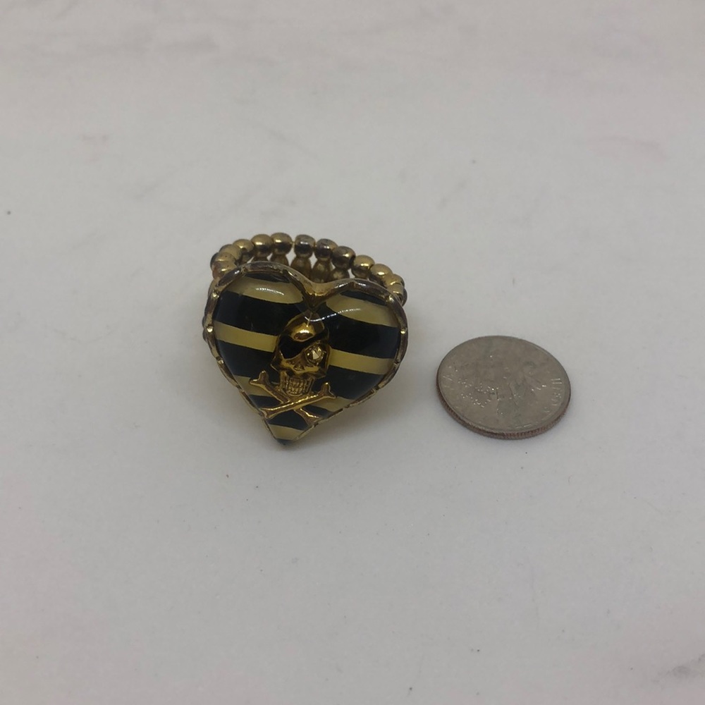 Betsey Johnson Black Striped Heart Skull Ring